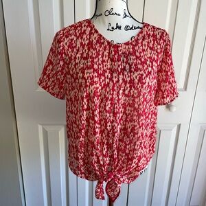 Madewell Red Ivory Sheer Floral Button Short Sleeve Blouse Medium